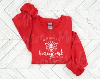 Gildan 18000 rood sweatshirtmodel, rood G18000 gevouwen model ronde hals, gevouwen rood 18000 platliggend model, G180 rood model, kerstmodel