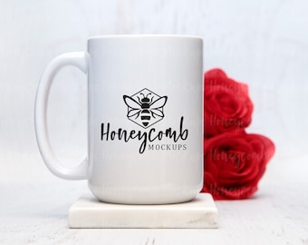 15oz White Mug Mockup, Valentines Mug Mockup, Mug Mockup with Roses, Coffee Mug Mockup, Styled Mug Photo, Blank Mug Mockup, Floral Mug Mock