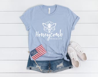 4th of July Mockup, Heather Blue Bella Canvas 3001 Mockup, July Fourth Mockup, Patriotic Mockup, Bella Canvas Mockup, Womens Shirt Mockup