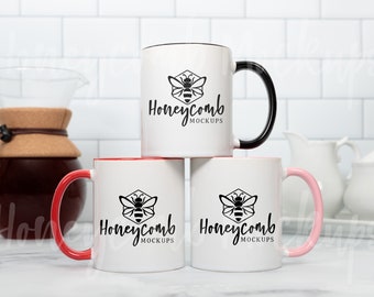 11oz Accent Mug Mockup, Two Tone Mug Mockup, Three Mugs Mockup, Black Accent Mug Mockup, Pink Accent Mug Mockup, Red Accent Mug Mockup, Trio