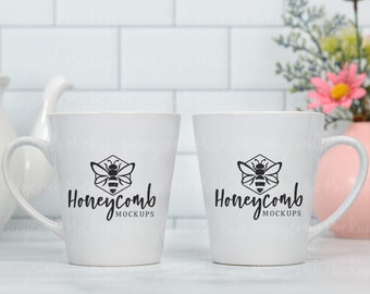 12oz Latte Mug Mockup, Two Latte Mugs Mockup, Styled Latte Mug, Printify Latte Mug Mockup, Mother's Day Mug Mockup, Mug Mockup with Flowers