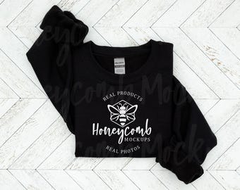 Gildan 18000 Black Sweatshirt Mockup, Black Gildan 18000 Folded Crewneck Mockup, Folded Black 18000 Flat Lay Mockup, G180 Black Mockup