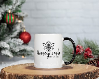 Mockup di tazza con accento da 11 once, Mockup di tazza di Natale, Mockup di tazza con bordo nero, Mockup di tazza con manico nero, Foto stock in stile, Download digitale JPEG