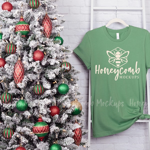 Leaf 3001 Christmas Mockup, Bella Canvas 3001 Leaf Mockup, Hanging Mockup, Holiday Mockup, Bella Canvas Mockup, Leaf Green T-Shirt Mockup