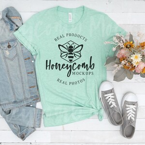 Bella Canvas 3001 Heather Prism Mint Mockup, Bella Canvas Heather Prism Mint Mockup, Heather Prism Mint BC3001 Mockup, 3001 Spring Flat Lay image 1