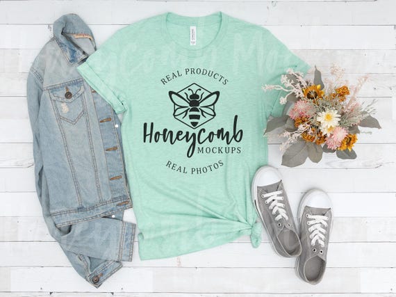 Bella Canvas 3001 Heather Prism Mint Mockup, Bella Canvas Heather Prism Mint Mockup, Heather Prism Mint BC3001 Mockup, 3001 Spring Flat Lay