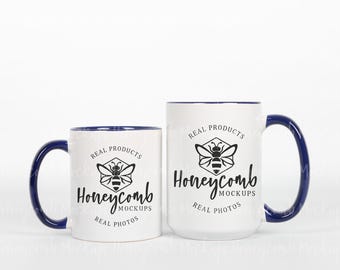 11oz Navy Accent Mug Mockup, 15oz Navy Accent Mug Mockup, Mug Size Comparison Mockup, 11oz and 15oz Dark Blue Colorful Mug Mockup