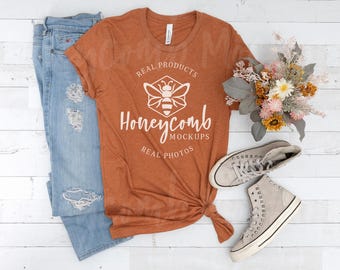 Heather Autumn Bella Canvas 3001 Mockup, Heather Autumn 3001 Flat Lay, Real BC3001 Shirt Mockup, Bella Canvas Heather Autumn Flat Lay Mockup