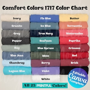 Tabla de colores 1717 para usuarios de Printful, plantilla editable de Canva, tabla de colores C1717, tabla de colores Comfort Colors 1717, guía de colores Comfort Colors