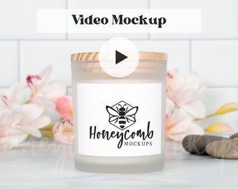 Candle Mockup Video, 11oz Frosted Glass Candle Mockup, Candle Jar Mockup with Wood Lid, Printed Mint 11oz Frosted Glass Soy Candle Mockup