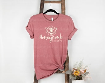 Heather Mauve Bella Canvas 3001, Hanging Shirt Mockup, Knotted Shirt Mockup , Blank Shirt Mockup, SVG Mockup, Fall Boho Style Mockup