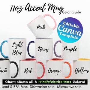 Maqueta de taza de 11 oz con carta de colores para usuarios de Printify, plantilla editable de carta de colores para tazas de Canva, carta de colores para taza de District Photo de 11 oz con carta de colores