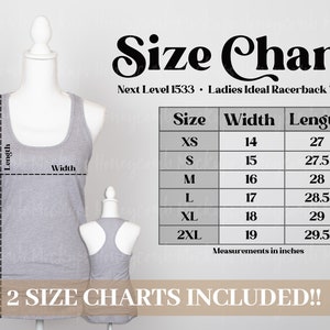 May include: Size chart for a racerback tank top. The chart shows the width and length in inches for sizes XS to 2XL.