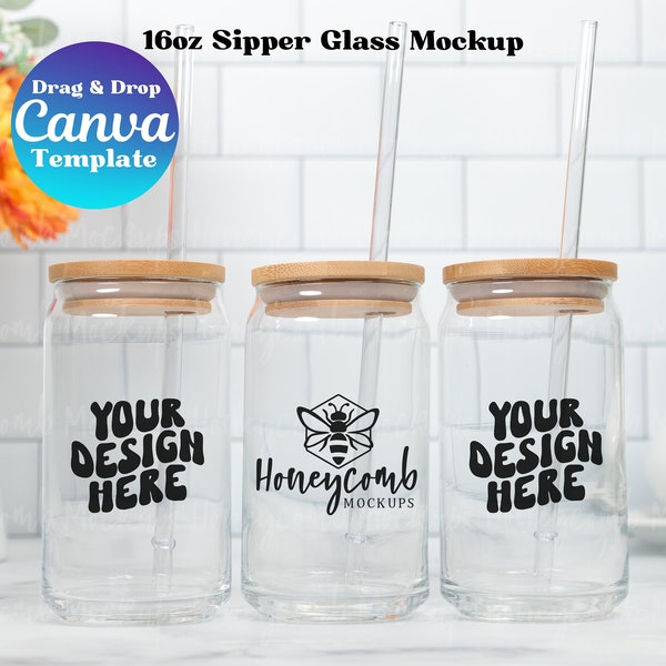 Sipper Glass Mockup, Glass Can Mockup 16oz, Printify Glass Can Mockup, Three Glass Can Mockup Canva Template, Glass Beer Can Mockup 16oz