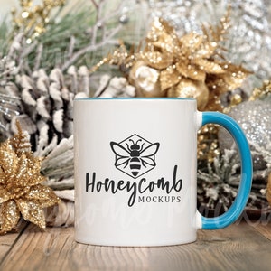 11oz Blue Accent Mug Mockup, Christmas Mug Mockup, Blue Handle Mug Mockup, Two Tone Mug Mockup, Holiday Mug Mockup, Elegant Mug Mockup