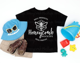 Bella Canvas 3001T Black Mockup, Bella Canvas Kids Black Mockup, Kids Black Shirt Flat Lay Mockup, Kids Summer Mockup, Toddler Boy Mockup