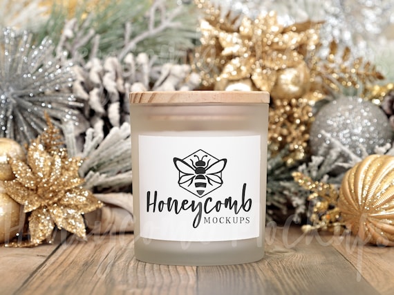11oz Frosted Glass Candle Mockup with Wood Lid, Christmas Candle Mockup, Printed Mint 11oz Candle Frosted Glass Mockup, Candle Label Mockup