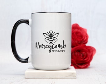 15oz Black Accent Mug Mockup, Valentines Mug Mockup, Mug Mockup with Roses, Black Handle Mug Mockup, Coffee Mug Mockup, Styled Mug Photo