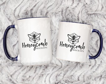 11oz and 15oz Dark Blue Accent Mug Mockup, Two Mugs Mockup, Mug Size Comparison Mockup, Two Tone Accent Mug Mockup, Navy Accent Mug Mockup