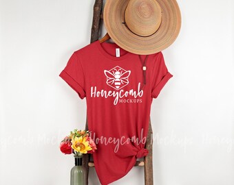 Canvas Red Bella Canvas 3001, Hanging Shirt Mockup, Bella Canvas Mockup, Boho Mockup, Red Tshirt Mockup, 3001 Mockup, Valentines Day Mockup