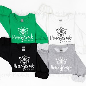 May include: Four long-sleeved shirts with a bee logo and the text "Honeycomb Mockups". The shirts are green, black, white, and gray.