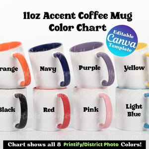 Maqueta de taza de 11 oz con carta de colores para Printify, plantilla editable de Canva con carta de colores para tazas, carta de colores para District Photo