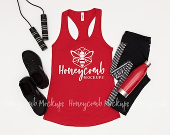 Red Next Level 1533 Tank Top Mockup, Women's Ideal Racerback Mockup, Workout Mockup, Tank Top Flatlay, 1533 Mockup, Red Tank Top Mockup