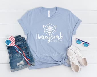 4th of July Mockup, Heather Blue Bella Canvas 3001 Mockup, July Fourth Mockup, Patriotic Mockup, Bella Canvas Mockup, Blue Shirt Mockup