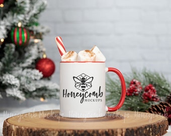 11oz Red Accent Mug Mockup, Christmas Mug Mockup, Hot Cocoa Mockup, Red Handle Mug Mockup, Styled Stock Photo, JPEG Digital Download,