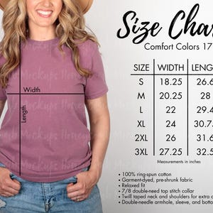 May include: Size chart for Comfort Colors 1717 t-shirts, showing width and length measurements in inches for sizes S through 3XL.