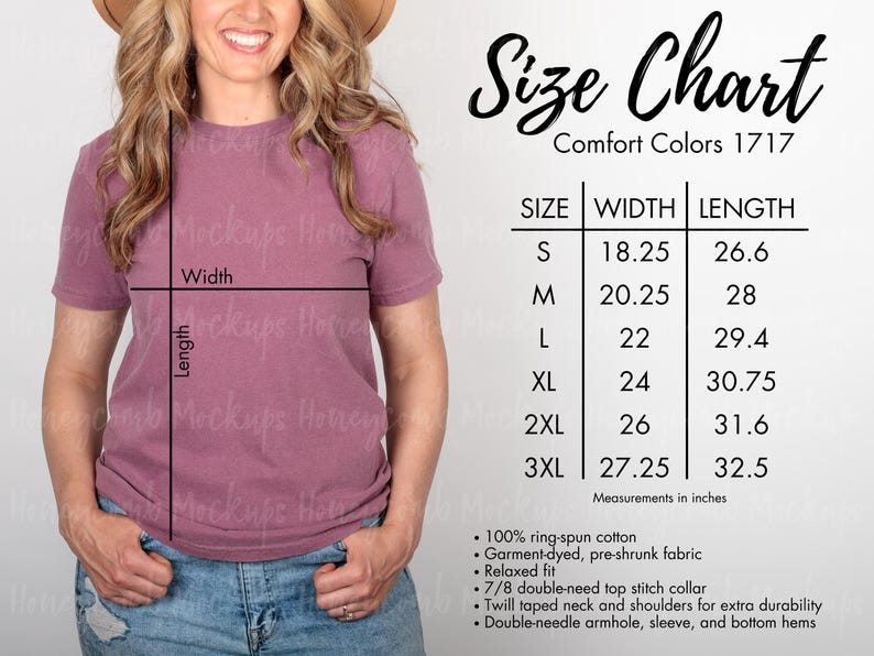May include: Size chart for Comfort Colors 1717 t-shirts, showing width and length measurements in inches for sizes S through 3XL.