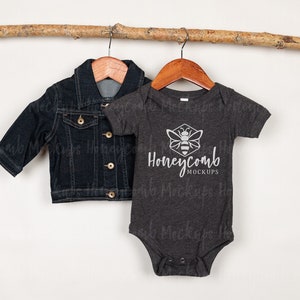 Bella Canvas 100B Heather Dark Grey Mockup, Baby Bodysuit Mockup, Dark Grey One Piece Mockup, Hanging Baby Mockup, Bella Canvas 100B Mockup