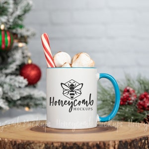 11oz Blue Accent Mug Mockup, Christmas Mug Mockup, Hot Cocoa Mockup, Blue Handle Mug Mockup, Styled Stock Photo, JPEG Digital Download,