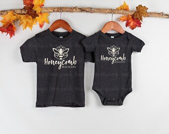 Bella Canvas Dark Heather Grey 3001T 100B, Sibling Mockup, Bella Canvas Kids Mockup, Toddler Mockup, Matching Family Mockup, Hanging Mockup