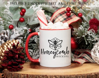 Christmas Mug Mockup, 11oz Red Accent Mug Mockup, Hot Cocoa Mug Mockup, Red Handle Mug Mockup, Mug Mockup With Marshmallows, Styled Stock