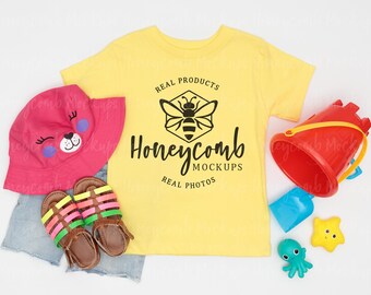 Bella Canvas Yellow 3001T Mockup, Bella Canvas Kids Yellow Mockup, Kids Yellow Shirt Flatlay Mockup, Kids Summer Mockup, Toddler Girl Mockup