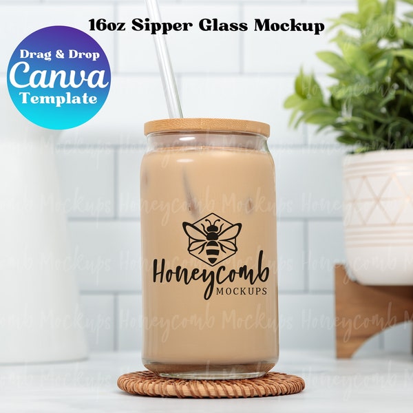 16oz Sipper Glass Mockup, Glass Can Mockup Canva Template, Printify Glass Can Mockup, Glass Can Mockup, Iced Coffee Mockup, Glass Cup Mockup