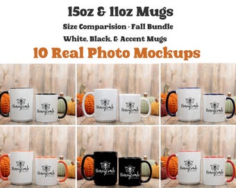 Fall Mug Mockup Bundle, 11 oz Mug Mockup, 15oz Mug Mockup, Mug Size Comparison Mockup, Two Mugs Mockup, Two Toned Accent Mug Mockup Bundle