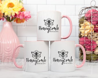 11oz Pink Accent Mug Mockup, Two Tone Mug Mockup 11oz, Valentines Mockup, Pretty Mug Mockup, Pink Handle Mug Mockup, Both Sides Mug Mockup