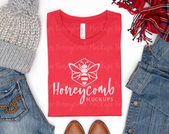Red 3001 Mockup, Bella Canvas 3001 Mockup, 3001 Folded Mockup, Winter Shirt Mockup, Women's Shirt Mockup, Red Shirt Mockup, Christmas Mockup