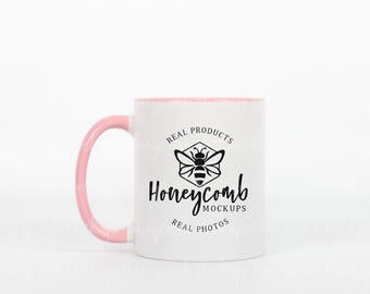 11oz Pink Accent Mug Mockup, 11 oz Pink Two-Tone Mug Mockup, Pink Handle and Interior Mug Mockup, Pink Colorful Mug Mockup 11 Ounce, POD Mug