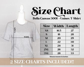 Könnte beinhalten: Ein graues T-Shirt auf einer Schaufensterpuppe mit einer Größentabelle für Bella Canvas 3001. Die Tabelle listet die Größen XS bis 3XL mit Breiten- und Längenmaßen in Zoll auf. Der Text umfasst Size Chart, Bella Canvas 3001, Unisex T-Shirt.