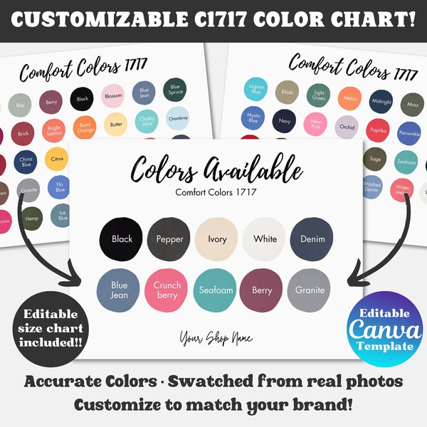 Comfort Colors Color Chart, Editable 1717 Color Chart Mockup, Customizable C1717 Color Chart, Editable Canva Template for Comfort Colors