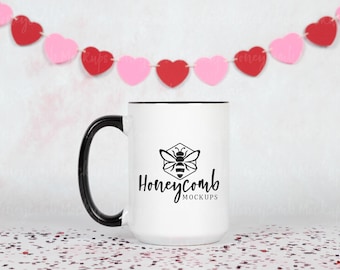 15oz Black Accent Mug Mockup, Valentines Mug Mockup, Black Handle Mug Mockup, Cute Coffee Cup Mockup, Styled Mug Photo, Blank Mug Mockup