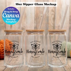 May include: Three clear glass sipper cups with bamboo lids and black straws. Each cup has a black and white bee graphic with the text "Honeycomb Mockups Real Photos".