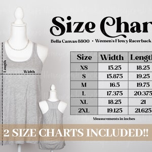 8800 Size Chart, Bella Canvas 8800 Size Chart Mockup, Women&#39;s Flowy Racerback Tank Sizing Guide, 8800 Sizing Guide, 8800 Front and Back