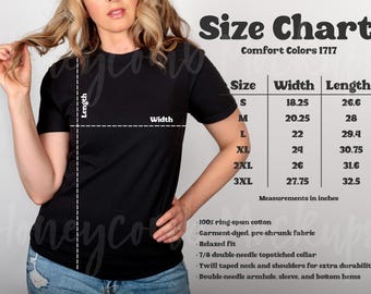May include: A black short-sleeve t-shirt with a size chart displaying width and length measurements in inches for sizes S through 3XL. The chart lists Comfort Colors 1717, 100% ring-spun cotton, garment-dyed, pre-shrunk fabric, and relaxed fit.
