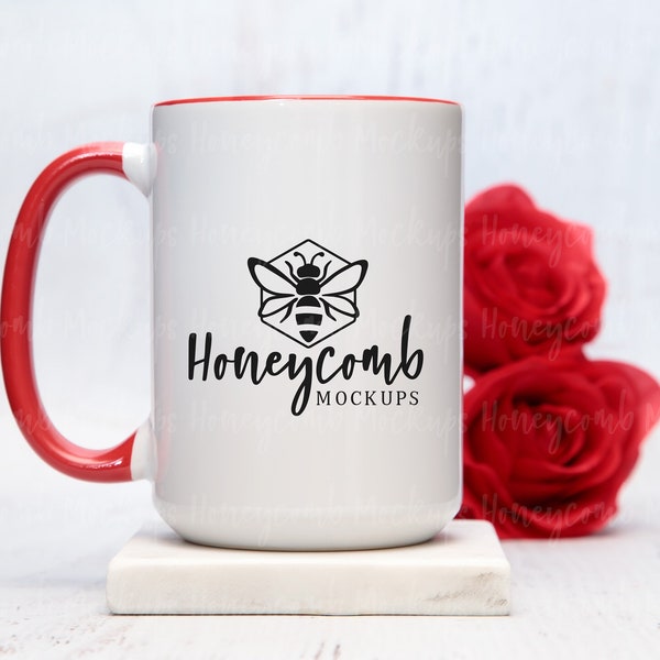 15oz Red Accent Mug Mockup, Valentines Mug Mockup, Mug Mockup with Roses, Red Handle Mug Mockup, Coffee Mug Mockup, Styled Mug Photo