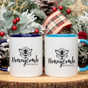 11oz Midnight Accent Mug Mockup, 11oz Blue Accent Mug Mockup, Christmas Mug Mockup, Two Mugs Mockup, Matching Mugs Mockup, Side By Side Mugs