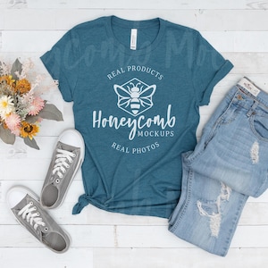 Heather Deep Teal Bella Canvas 3001 Mockup, Heather Deep Teal 3001 Flat Lay, Real BC3001 Heather Deep Teal Mockup, Bella Canvas Flat Lay